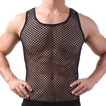 Riolio Men Sexy Mesh Tank Tops Transparent Sleep Tops Male Underwear Pure Color Vest Sleeveless Tops Underwear Male Undershirt